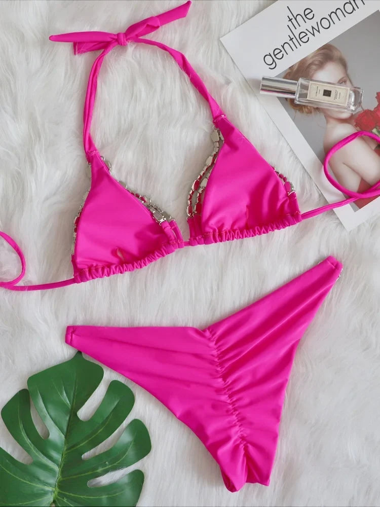 Sexy Rhinestone Bikini Set 2025 Shinny Hot Pink Push Up Thong Swimsuit Brazilian Diamond Metal Chain Beach Bathing Suit Swimwear