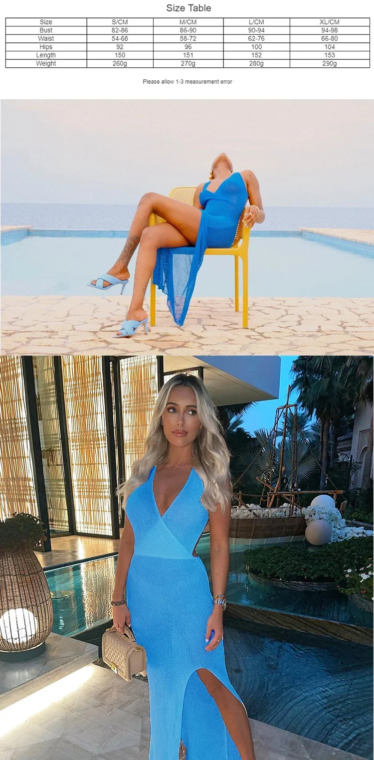 2023 New Crochet Beach Maxi Dress for Women See Through Sexy Bikini Plunge Backless Bandage Sleeveless Lacing Split Long Dresses