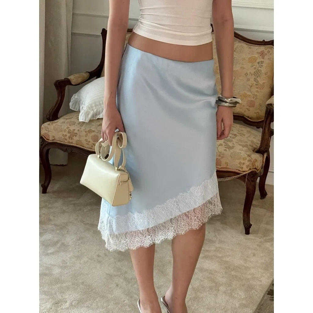 Summer Women Midi Skirt Vintage Low Waist Skirt Lace Trim Irregular Skirt Casual Bodycon High Waist Knee Length Short Skirt
