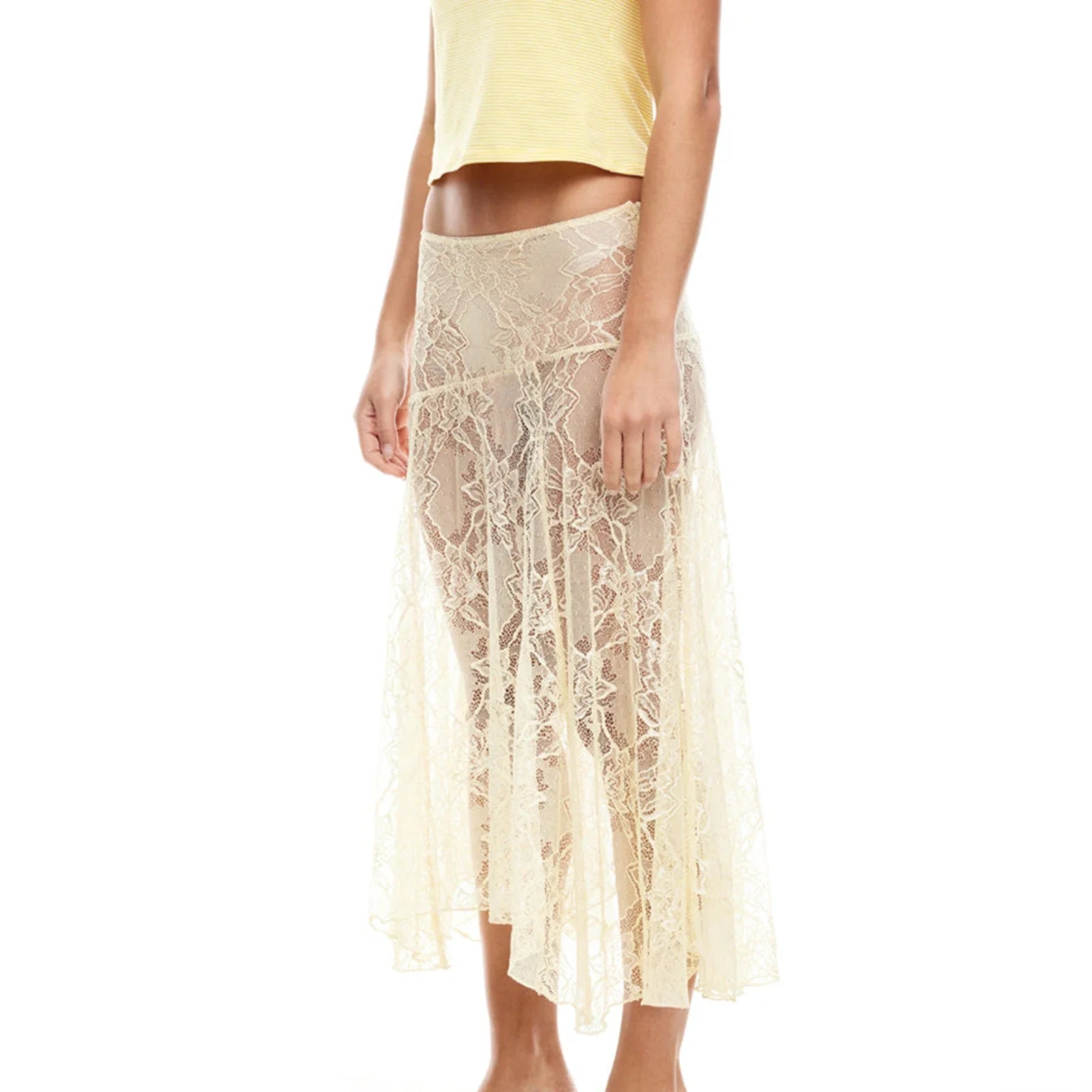 Women Summer Sexy Sheer Lace Skirt Flower Solid Color See-Through Low Rise Midi Skirt Casual Skirt for Party Beach Skirts