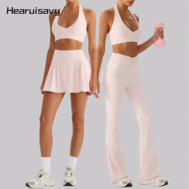 Hearuisavy 2Pcs Women's Sports Set Sun Protection Quick-Dry Tennis Skirt High Waist Yoga Flared Pants Gym Running Fitness Shorts