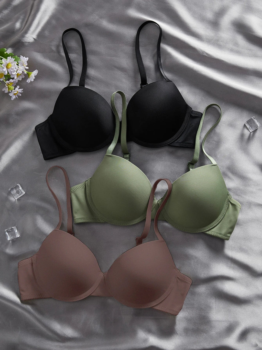 3Pcs Solid Women's Underwear Set Everyday Push up Bra Basic Underwire Bras Supportive and Comfortable Unpadded Women's Bra