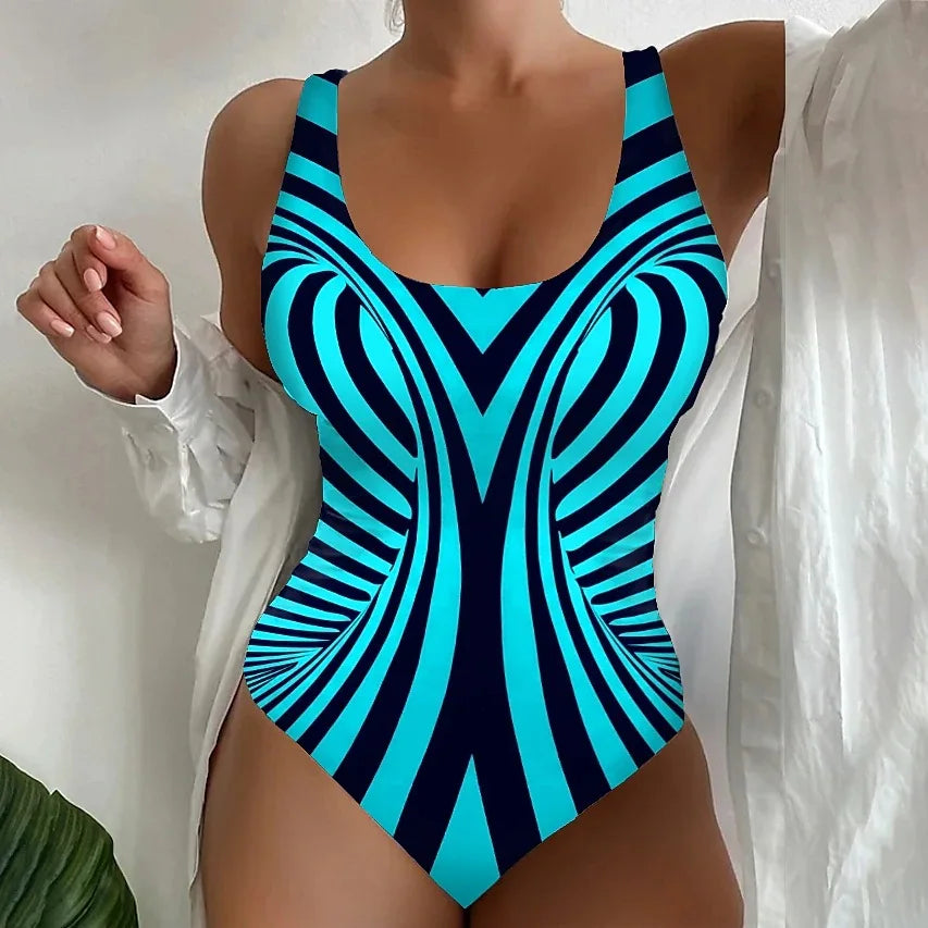 Vintage Abstract Print One Piece Swimsuit Women 2025 Black White Striped Tummy Control Large Size Swimwear Bathing Suit Monokini