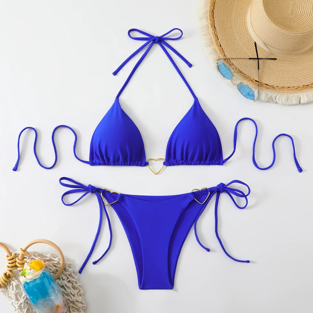 Sexy Metal Heart Ornament Bikini Set 2026 Women Blue Pink Halter Push Up Bra Thong Swimsuit Beach Bathing Suit Vacation Swimwear