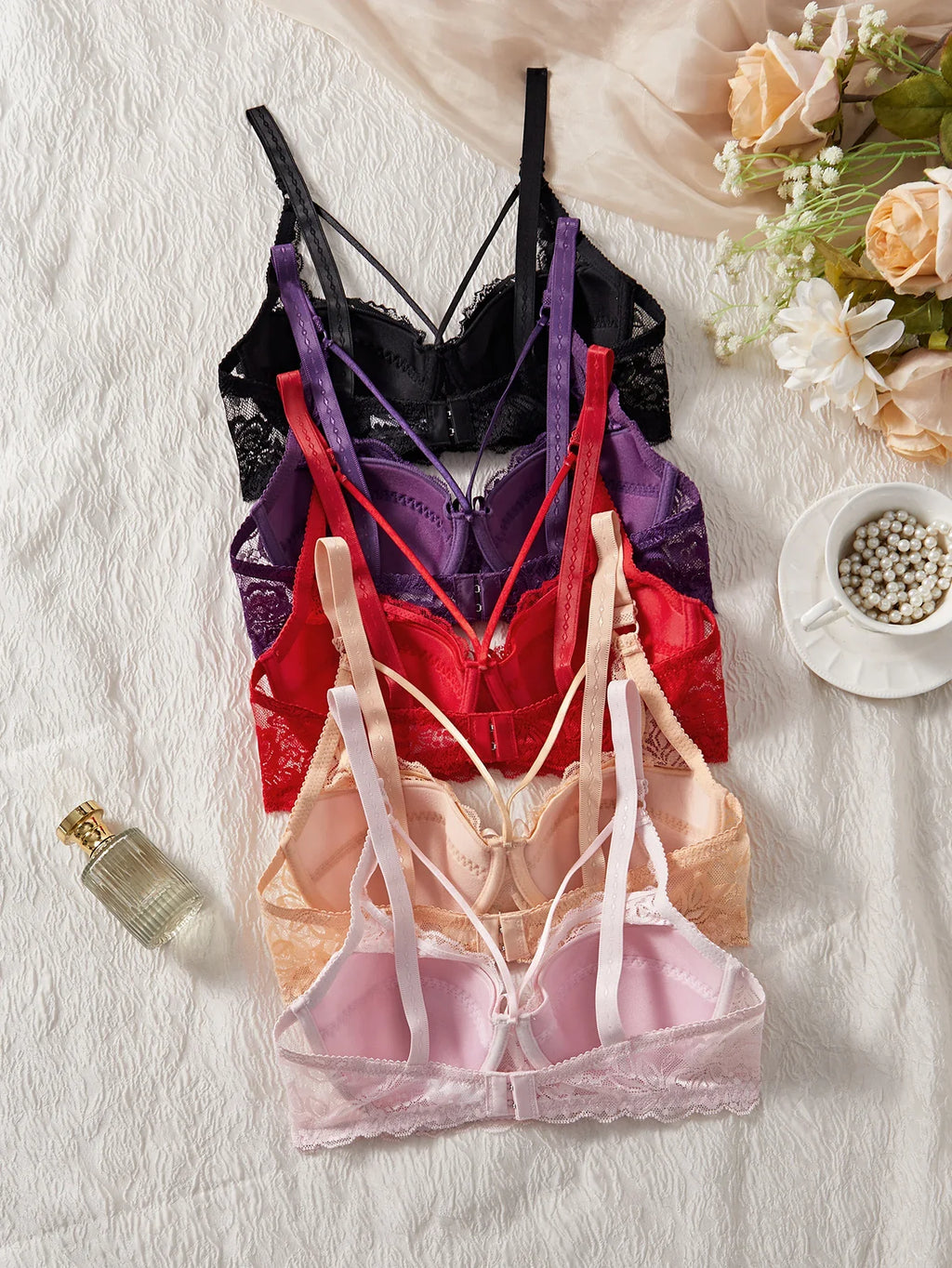 5-Pack French Women's Underwear Set Hollow Lace Patchwork Bow Sexy Bras Fashionable Bralette Strap Sexy Lingerie Set Women's Bra