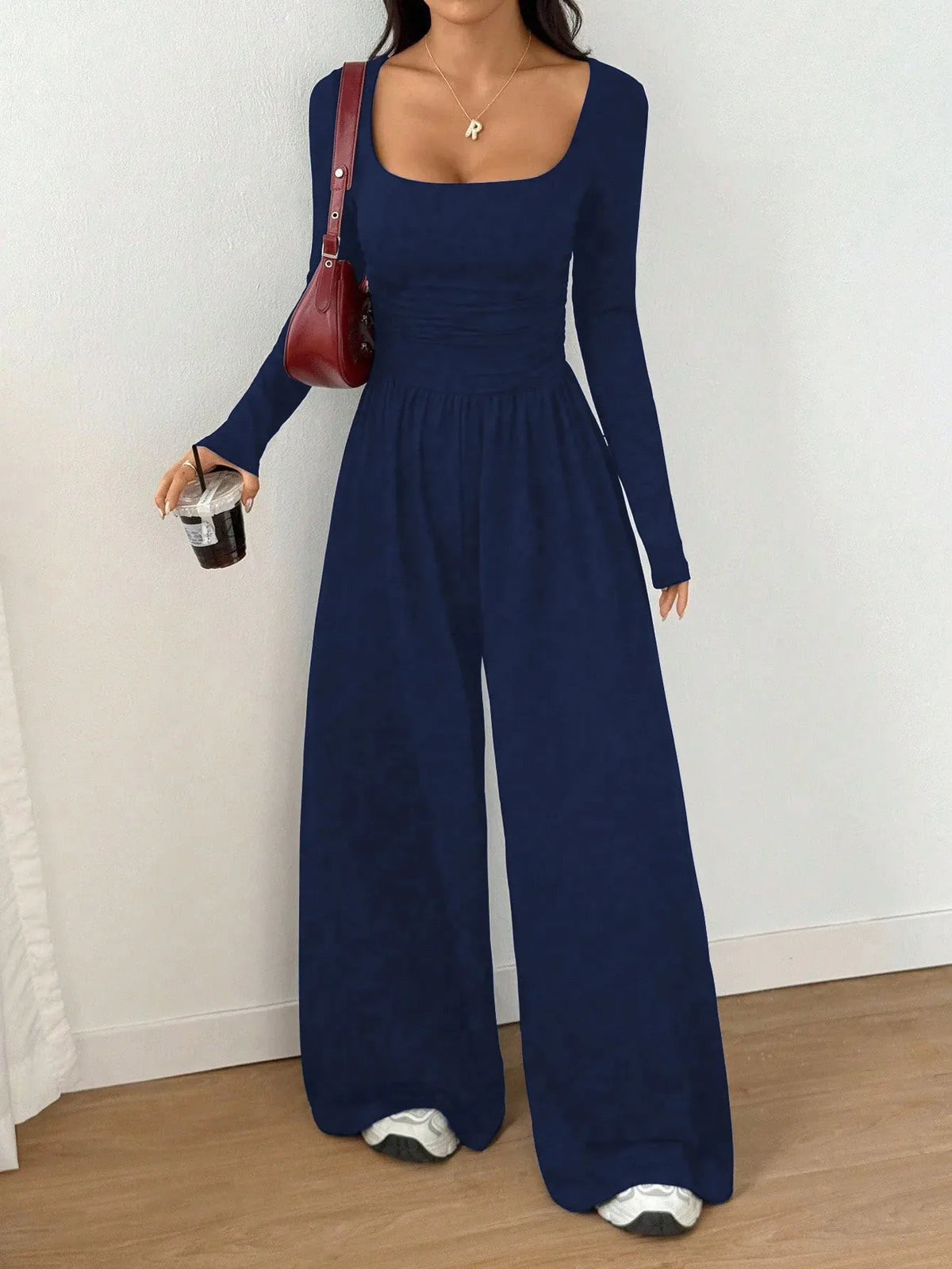 Women's Casual Solid Color Square Neck Long Sleeve A-Line Jumpsuit Pleating Wide Leg Loose Mopping Jumpsuit Spring/Fall 2026