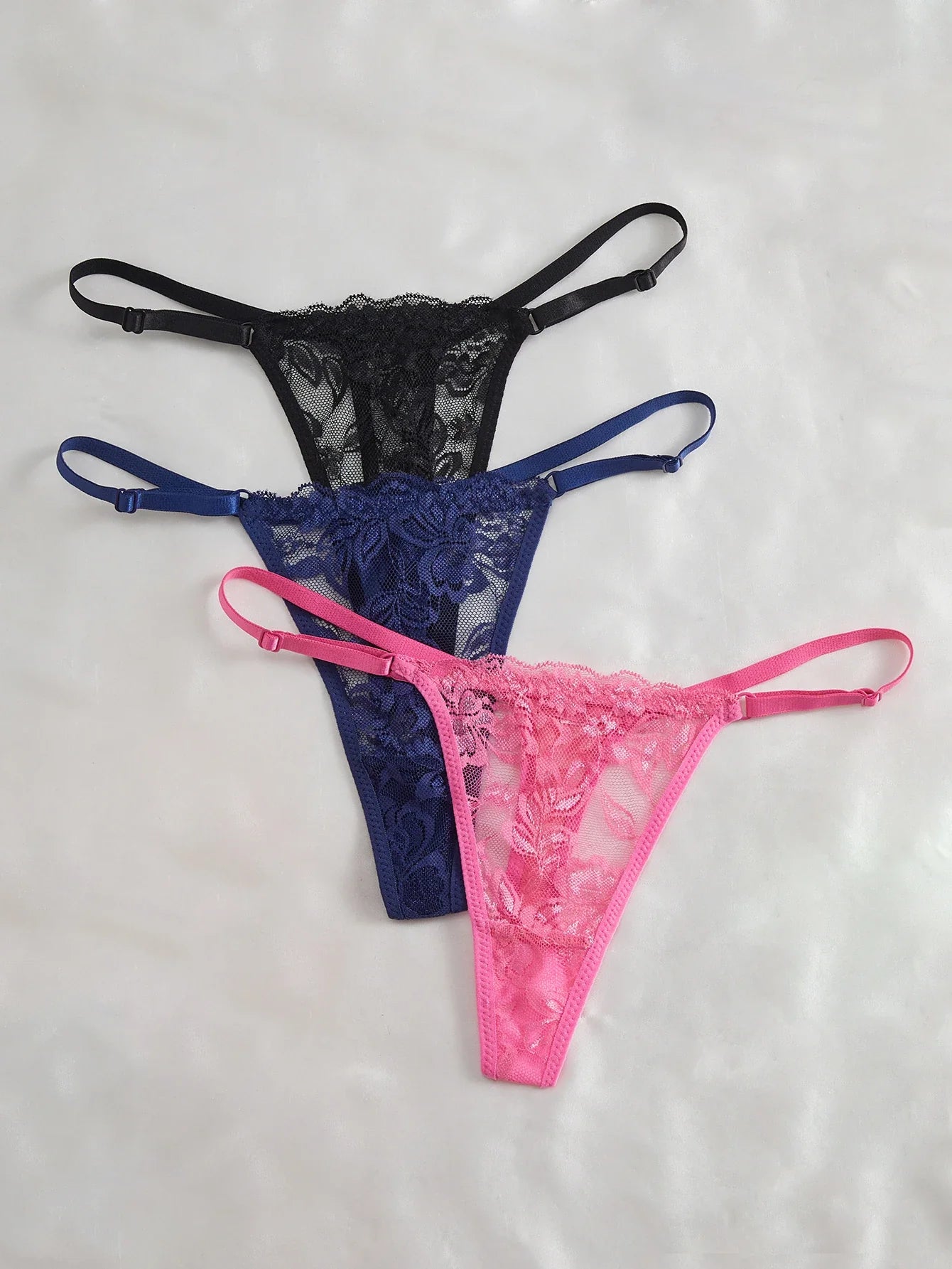 3-Pack Women's Sexy Lace Panties Underwear, Adjustable Strap Floral Lace Sheer Mesh Sexy Thong