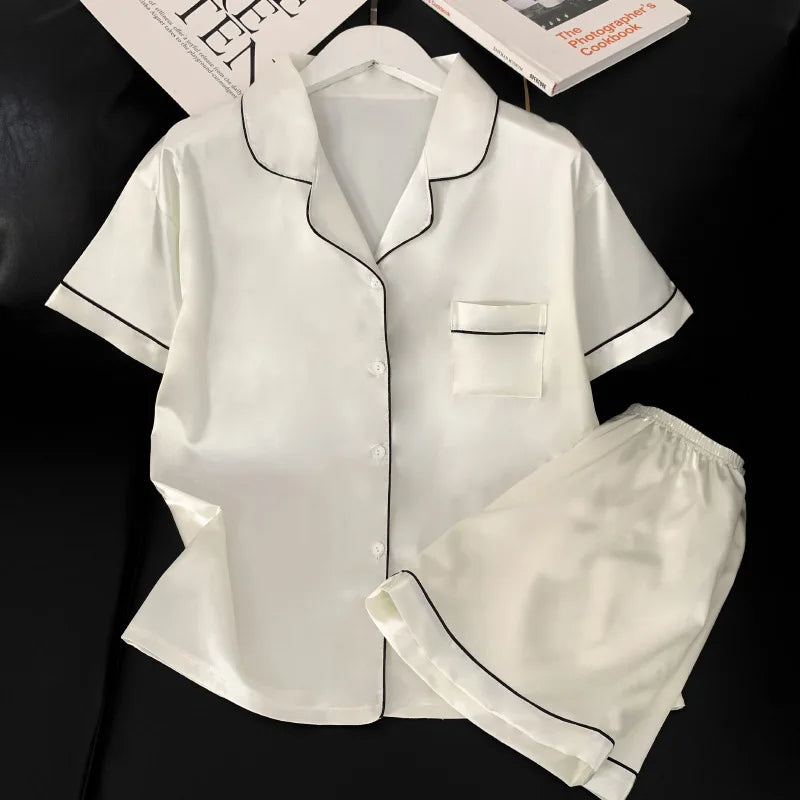 Sweet Simple Ice Silk Pajamas for Women  Thin Short-sleeved Home Clothes Suit Nightwear Women's Pajamas Set Nightie Summer