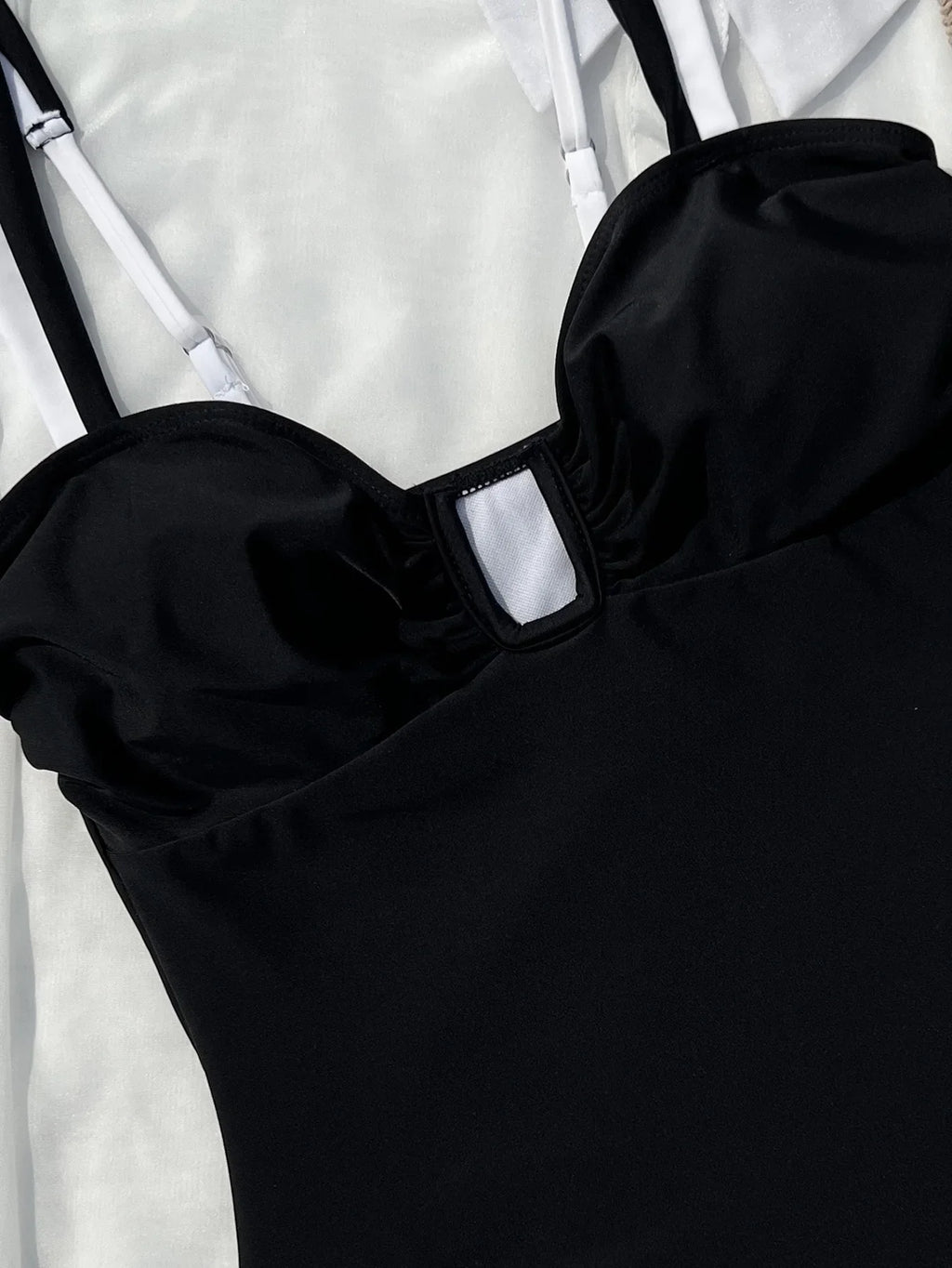 Vintage Black White Patchwork Swimwear Women 2026 Sexy Metal U Neck Backless One Piece Swimsuit Beach Bathing Suits Monokini
