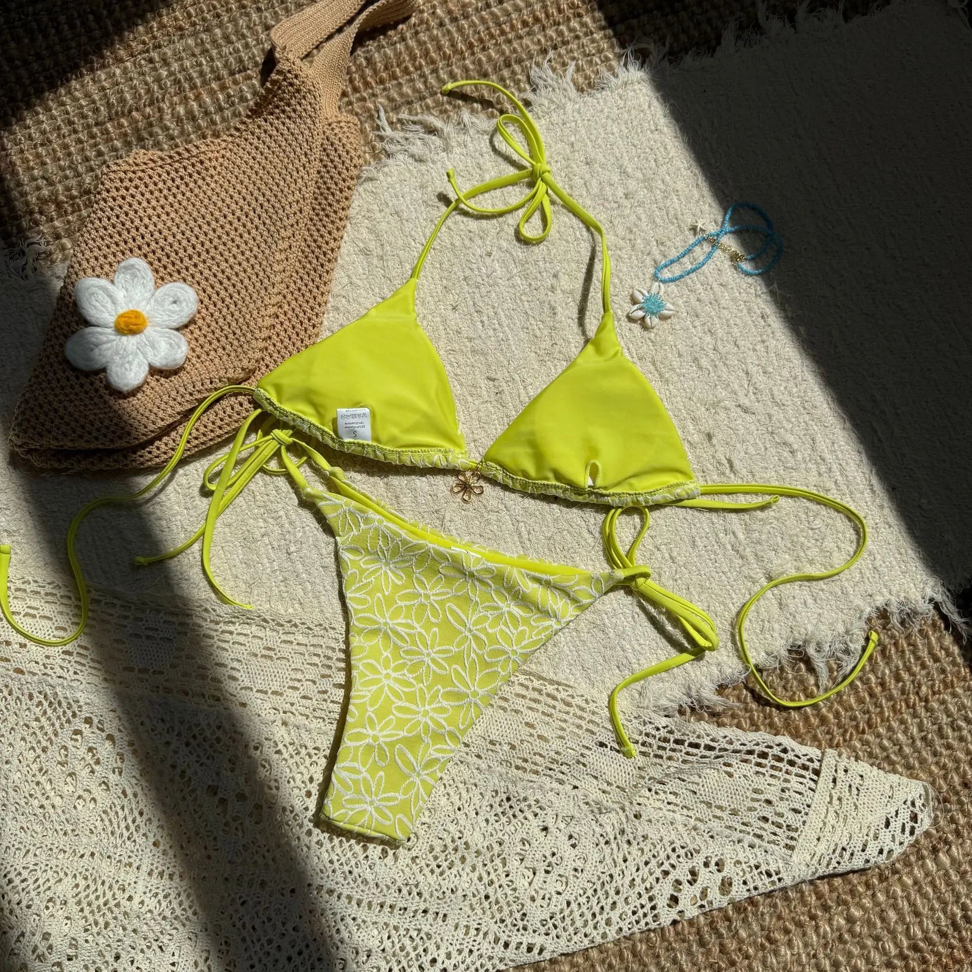 Sexy Pink Mesh Flower Bikini Set Women Halter Push Up Bra Bandage Triangle Swimsuit 2025 Summer Bathing Suit Vacation Swimwear