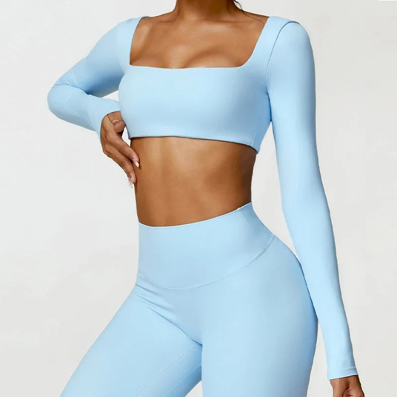 Hearuisavy Summer Casual Quick Dry Sportswear Women Square Neck Gym Top Women Fitness Sports Crop Top Long Sleeve Yoga Clothing