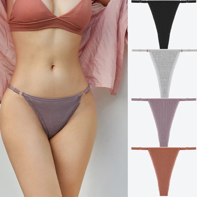 4Pcs Cotton Lace Panties Sexy G-String Women's Underwear Low Waist Comfortable Lingerie Briefs Adjustable Waist Thong Intimates