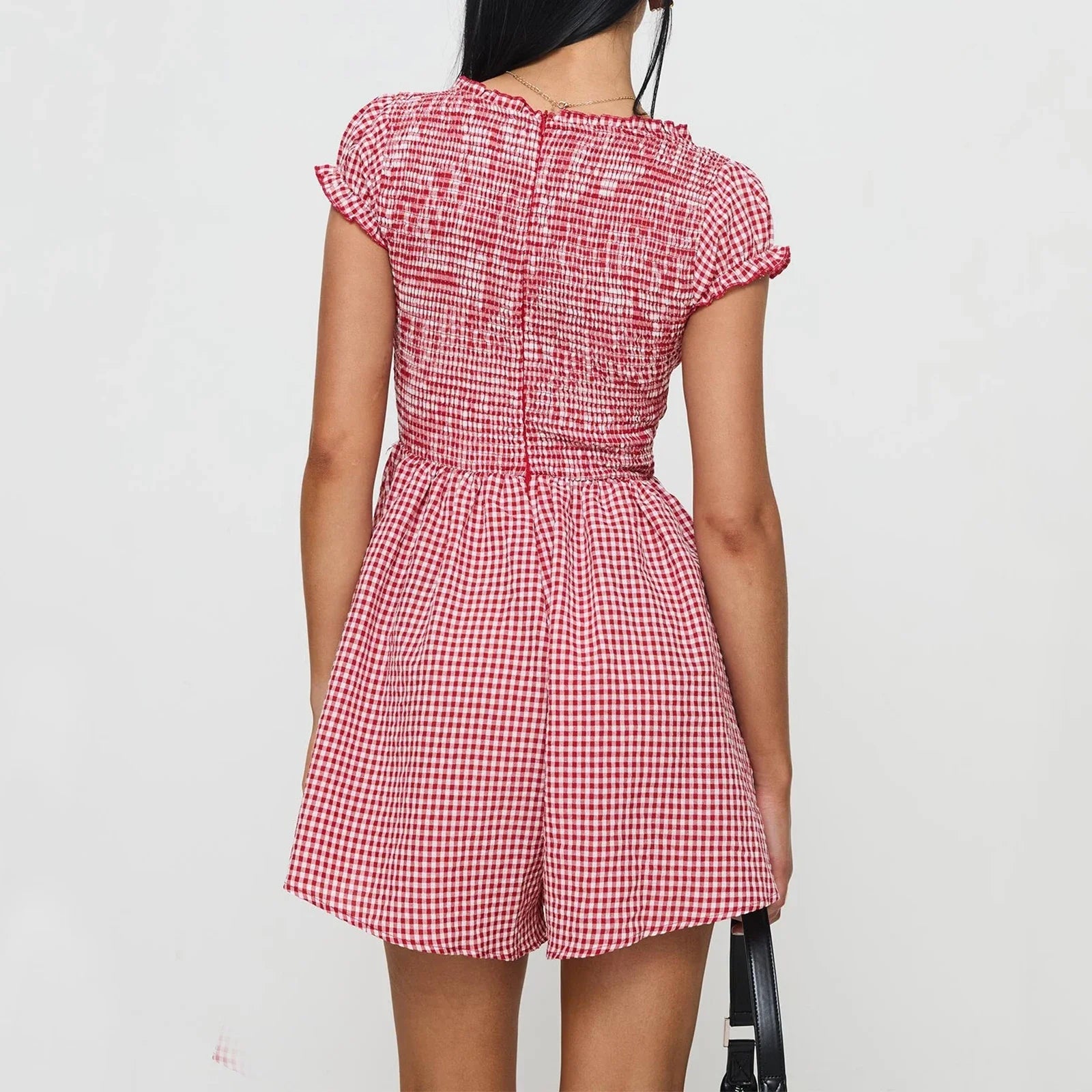 Summer Plaid Rompers Mini Dress for Women Fashion Short Sleeve Sexy Deep V Neck Smocked Waist Slim Plaid Playsuit Jumpsuits