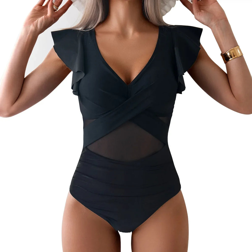 2026 Solid Women's Swimsuit Trend Tummy Control V Neck Sexy Black Bikini Ruched Bathing Suits Slim Fit Ruffle Sleeve Swimwear