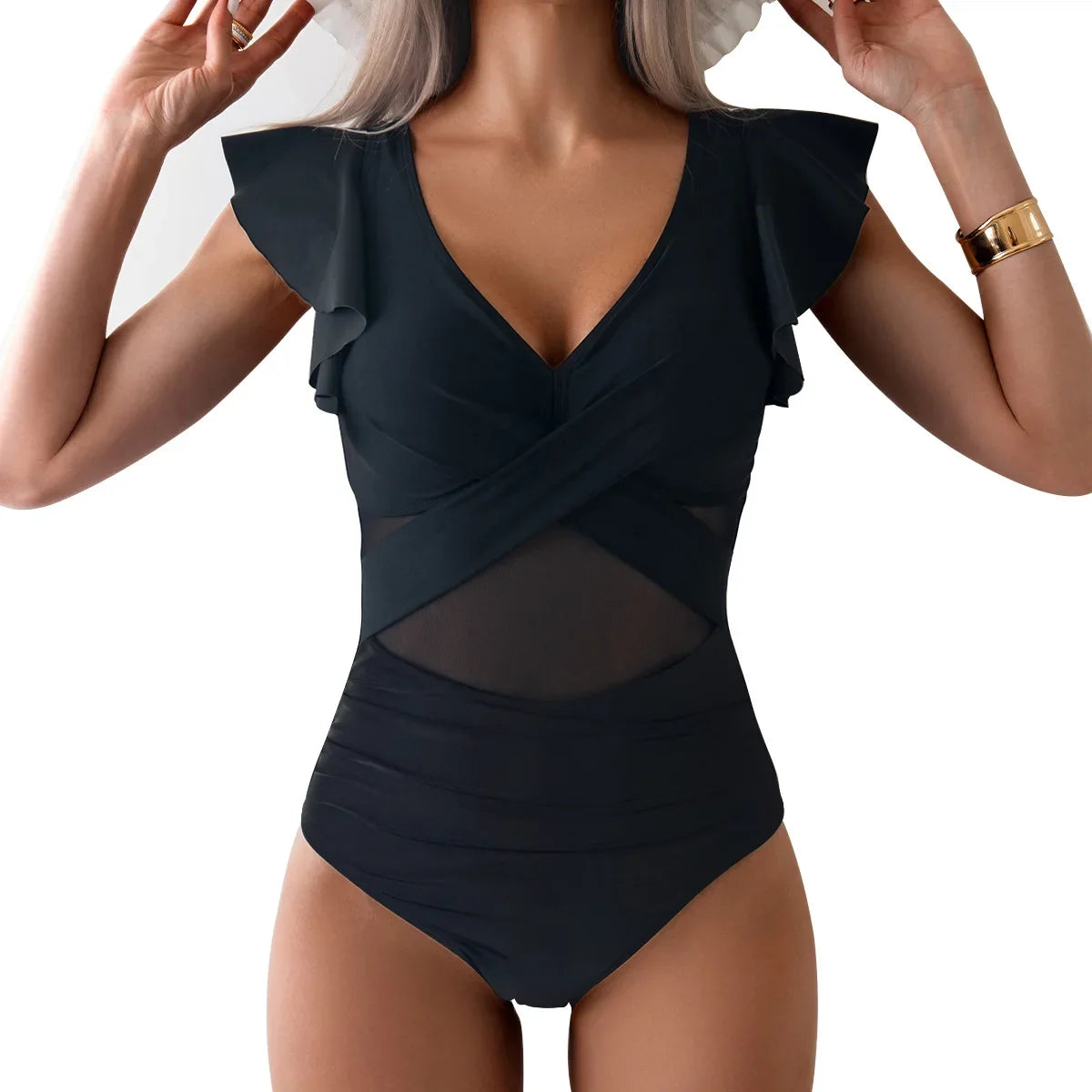 2026 Solid Women's Swimsuit Trend Tummy Control V Neck Sexy Black Bikini Ruched Bathing Suits Slim Fit Ruffle Sleeve Swimwear