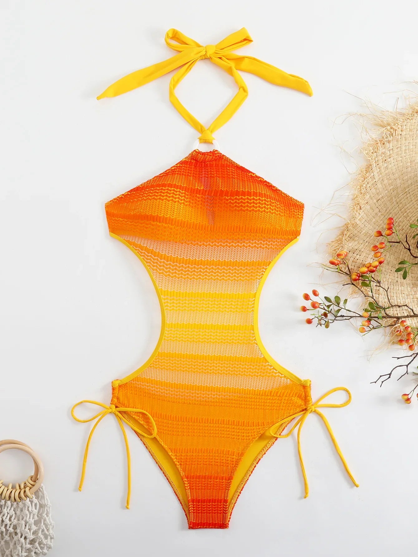 Sexy Orange Gradient Swimsuit Women Hollow Out Backless Lace One Piece Swimwear 2025 Beach Bathing Suit Drawstring Side Monokini