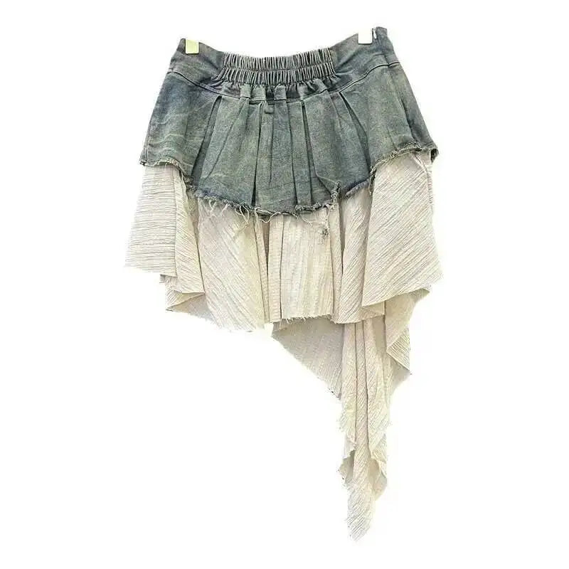 Retro Spliced Denim Pleated Skirt For Women Summer New Temperament Hot Girl Fashionable High Waist A-line Skirt Fashion AS1C