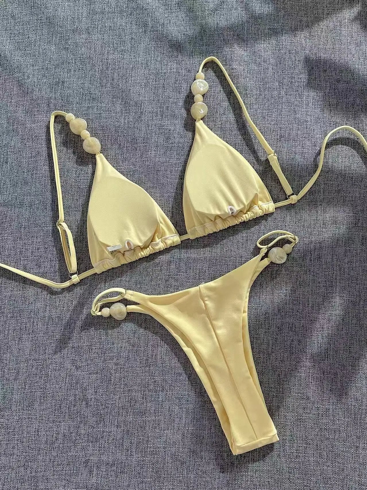 Sexy Pearls Strap Micro Bikini 2026 Women Yellow Halter Push Up Bra Pleate Thong Swimsuit Beach Bathing Suit Vacation Swimwear