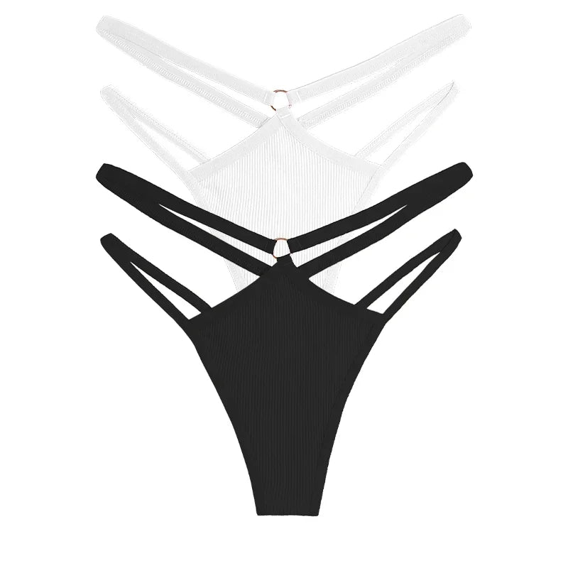 2PCS Women Sexy Cotton Panties Two Belts Hollow Out G-String Thongs Breathable Underwear for Female Solid Color Lingerie S-XL