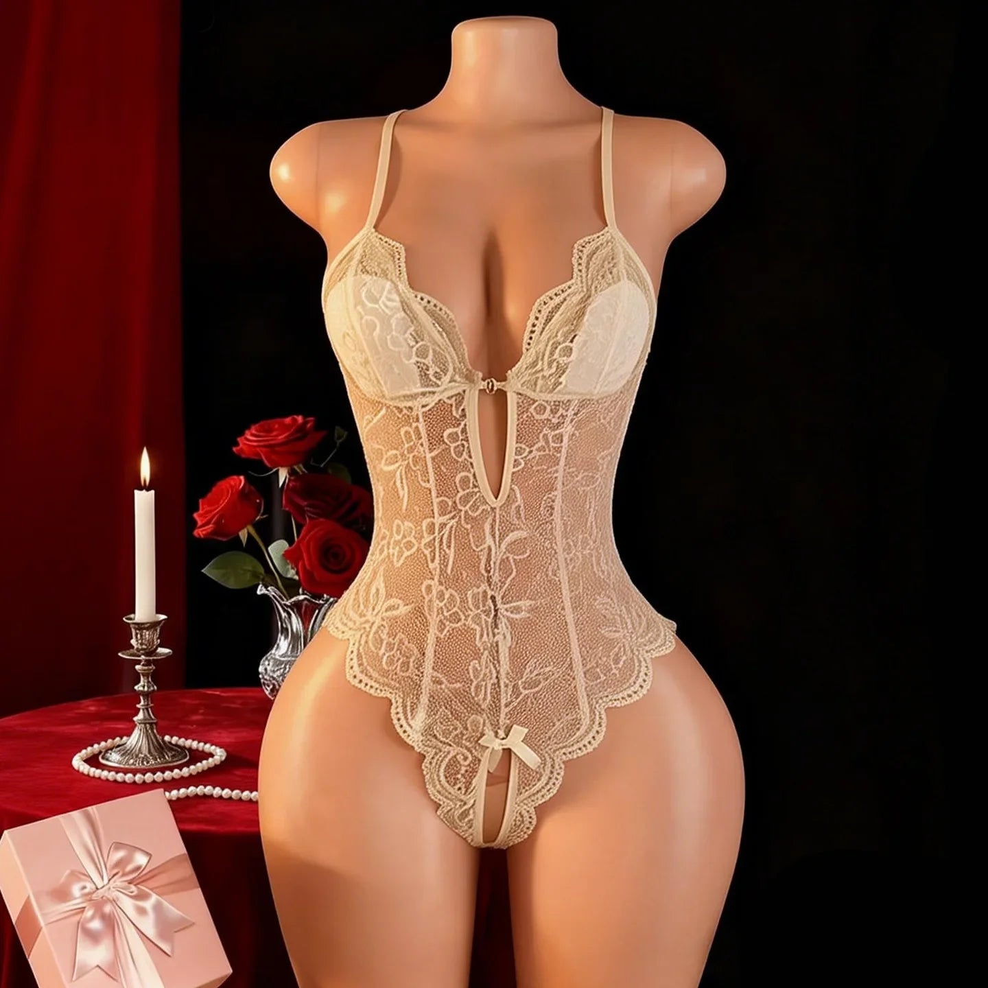 Crotchless Lingerie Lace Hollow Bra Set Sexy Tight Fitting Women Clothing,  V-neck Open  Bodysuit .Soft Padded Bra Underwear Set