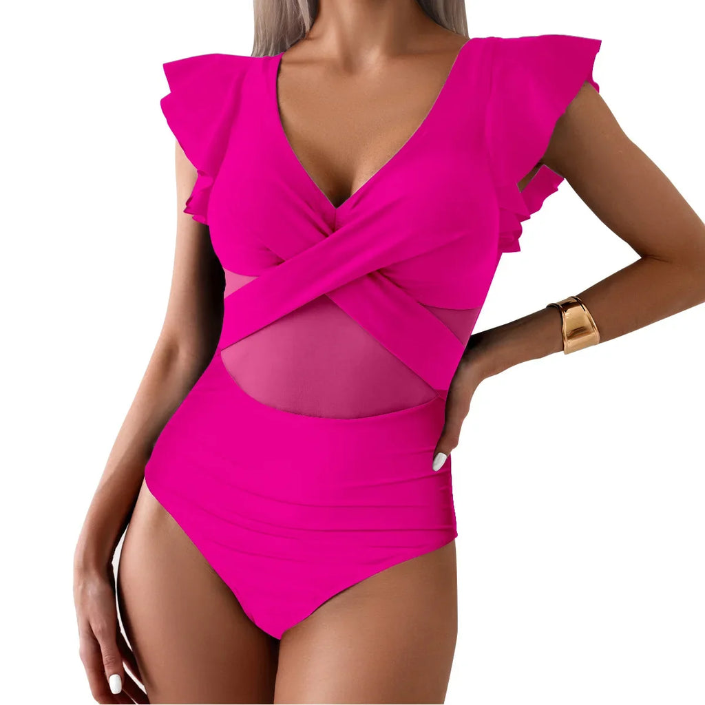 2026 Solid Women's Swimsuit Trend Tummy Control V Neck Sexy Black Bikini Ruched Bathing Suits Slim Fit Ruffle Sleeve Swimwear