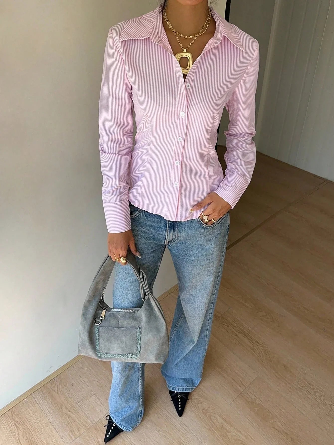 Women's Elegant Back Tie Design Long Sleeve Shirt Office Lady Slim Fit Stripe Turn-down Collar Blouse Spring Fall