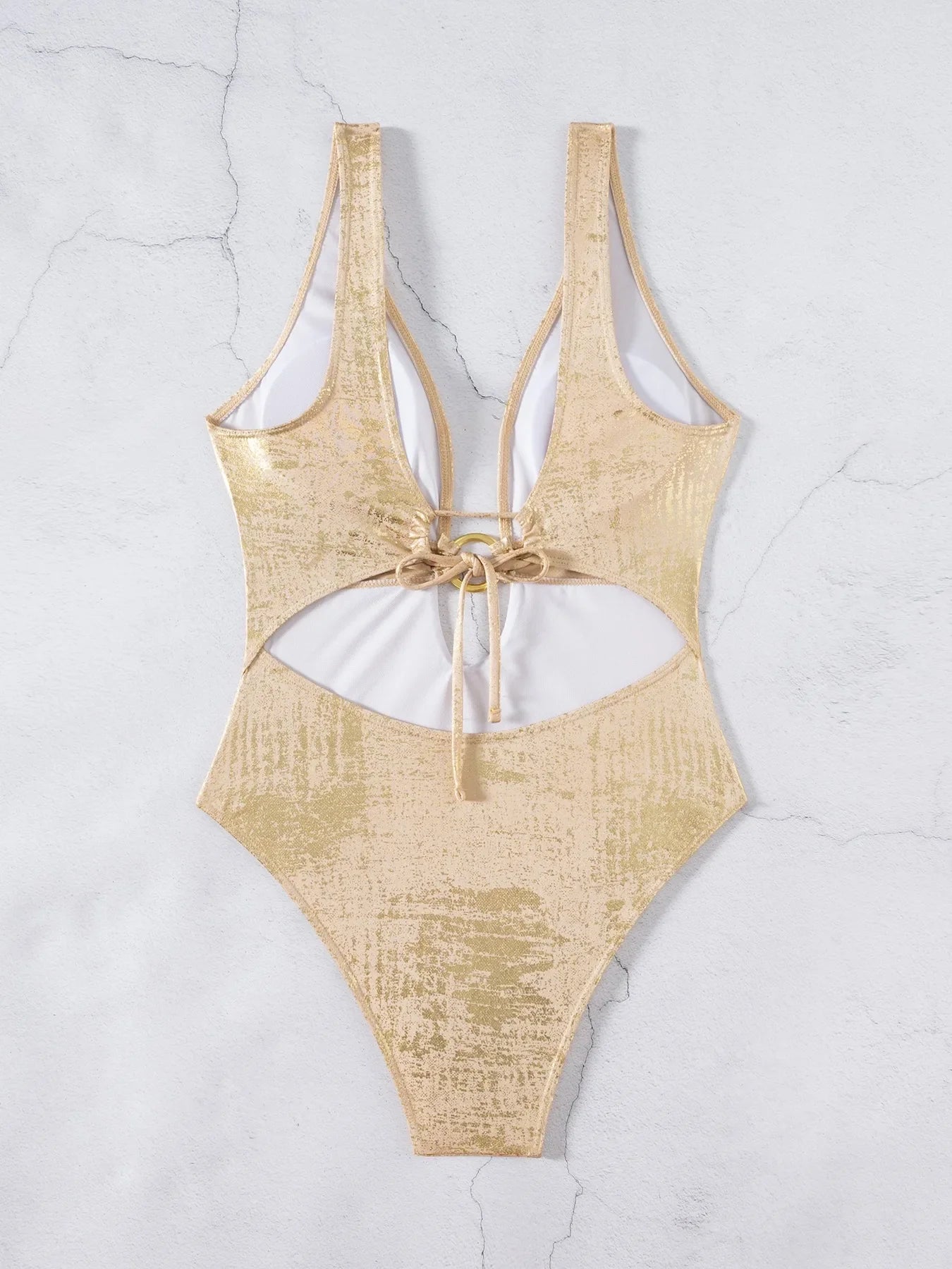 Shiny Gold One Piece Swimsuit 2026 Women Deep V Neck Hollow Out Backless Swimwear Summer Beach Bathing Suit Holiday Monokini