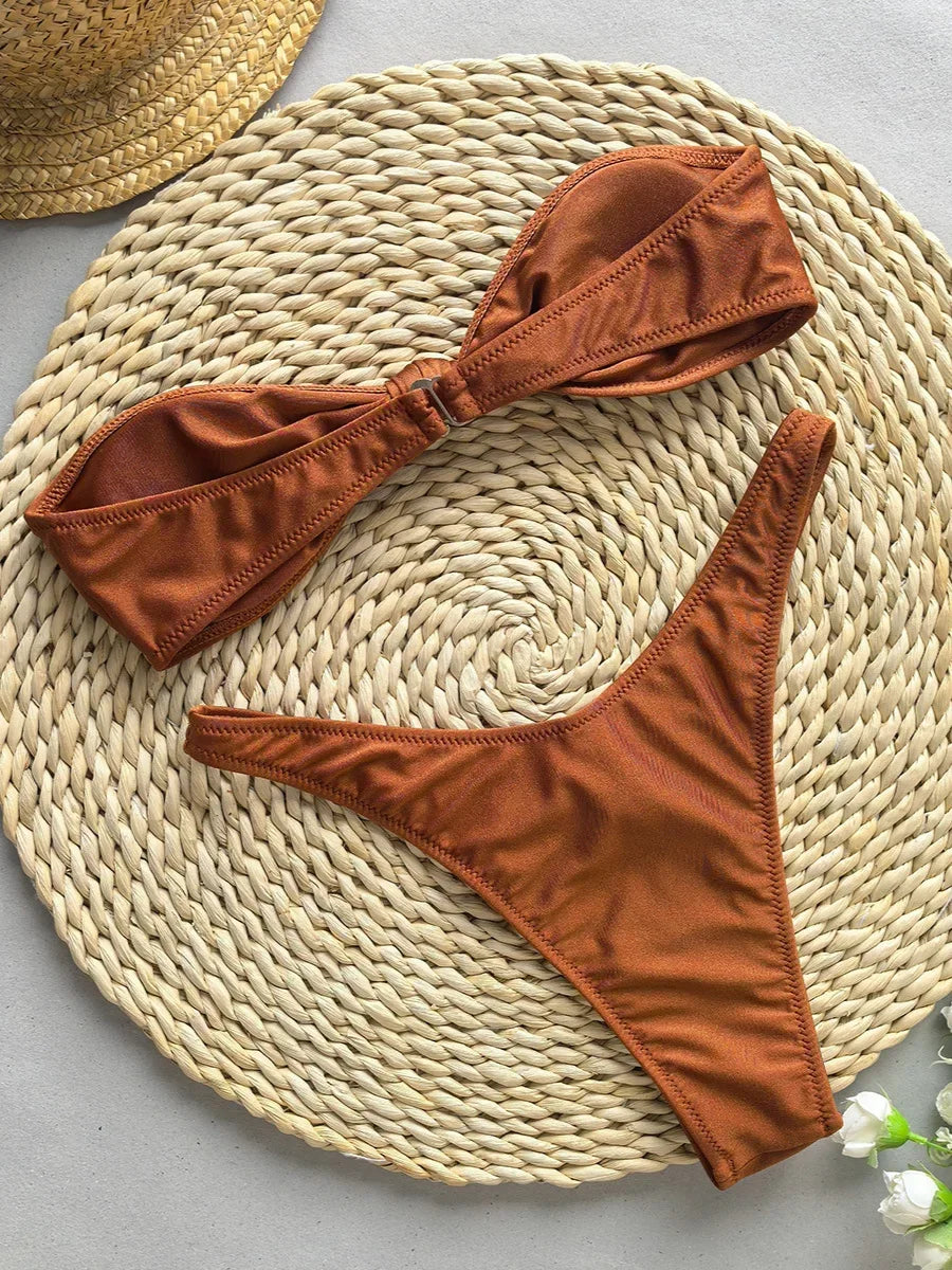 Sexy Front Tie Bow Bikini Set Women Black Bandeau Push Up Bra Micro Swimsuit 2024 Beach Bathing Suit Thong Swimwear Biquini
