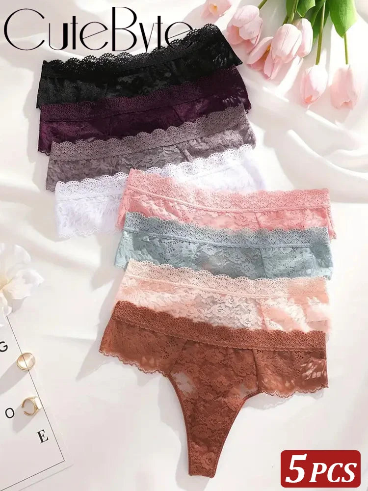5Pcs Lace Sexy Thongs Women Low-Rise Briefs Sexy Soft Ladies Underwear Trendy Floral Underpants Female Flowery Panty Lingerie