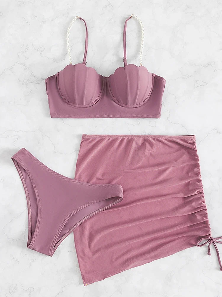 2024 New Sexy 3 Piece Bikinis Set Women Swimsuit with Skirt Swimwear Female Push Up Bikini Beachwear Faux Pearl Bathing Suit