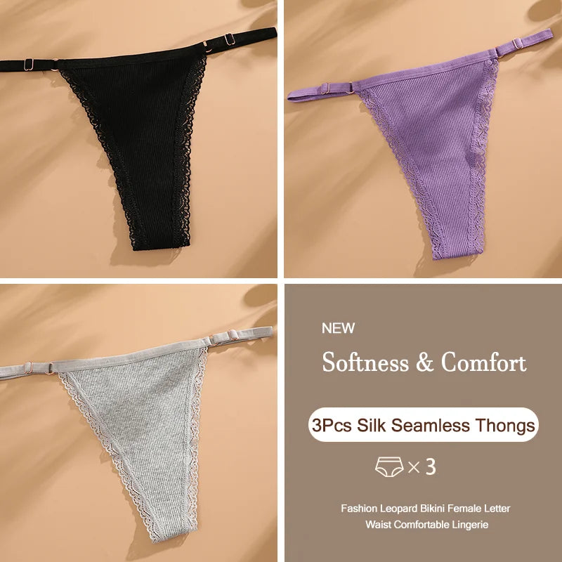 3Pcs G-String Cotton Sexy Women Thongs Adjustable Belt Seamless Panties Breathable Low Waist Lingerie Female Soft Solid Color