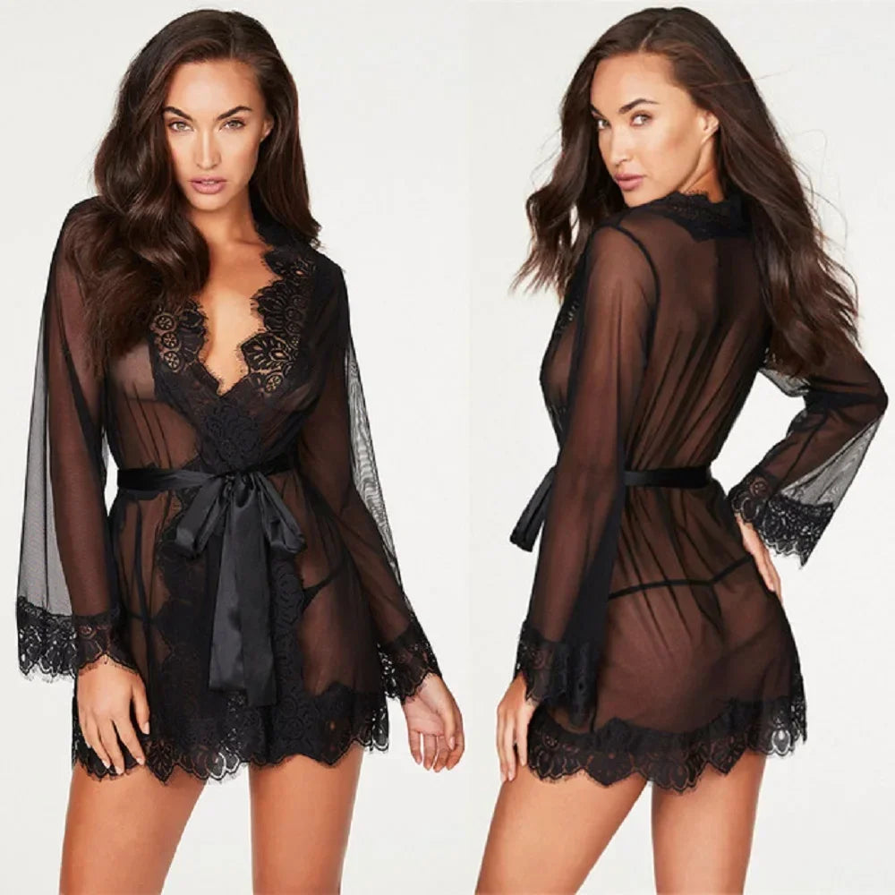 Sexy Lingerie Women Nightgown Black Lace Transparent Mini Dress with Belt and Panties Set Nightwear Sleepwear
