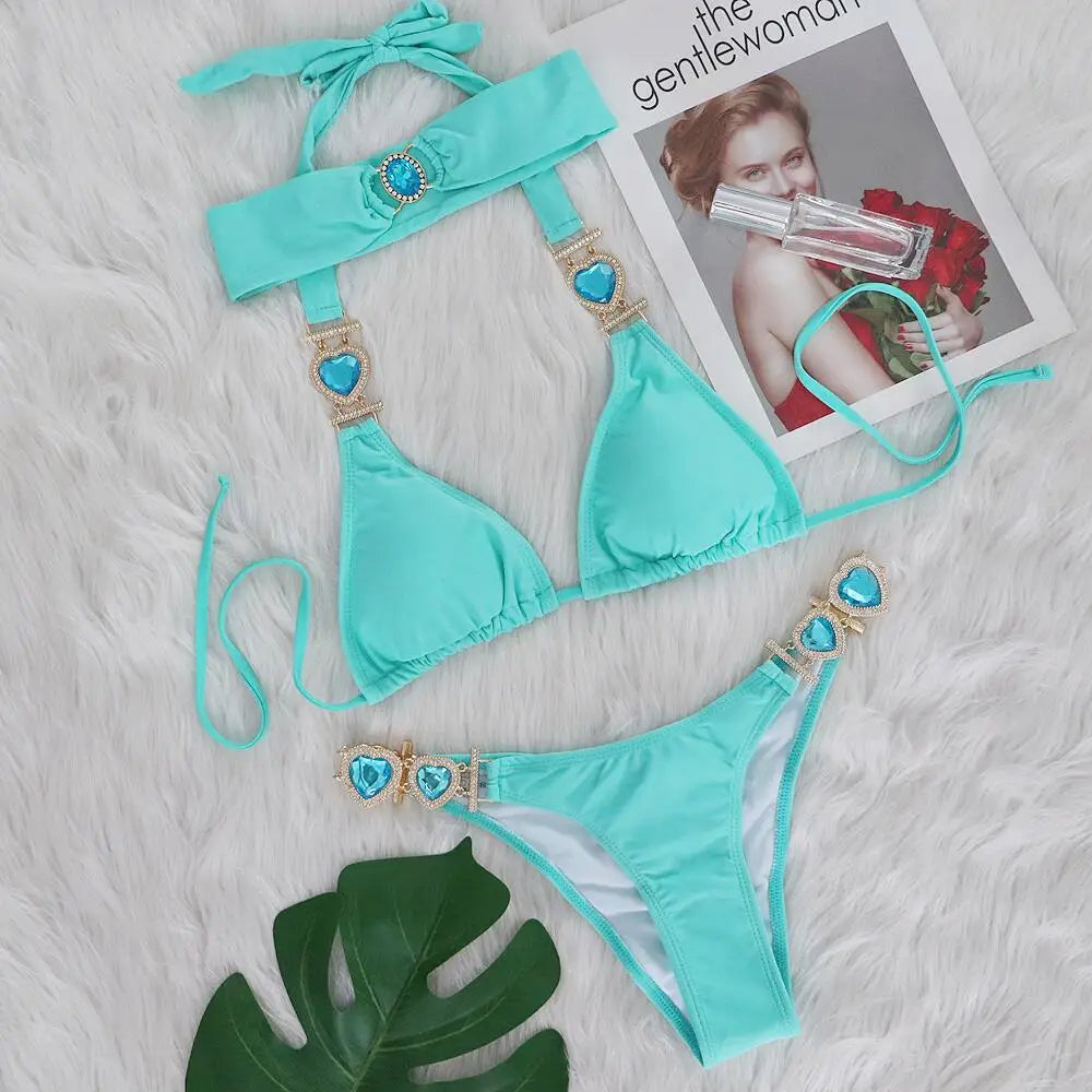 Sexy Rhinestones Bikini Set 2025 Women Red Pink Glitter Diamond Metal Chain Thong Swimwear Bathing Suit Band 3 Piece Swimsuit
