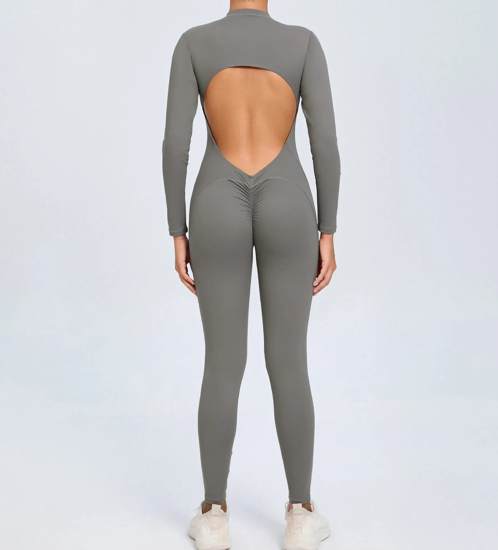 Hearuisavy Summer V Back Sports Jumpsuit Yoga Clothes Rompers Women Long Sleeveles Workout Bodysuits Backless One-piece Suit