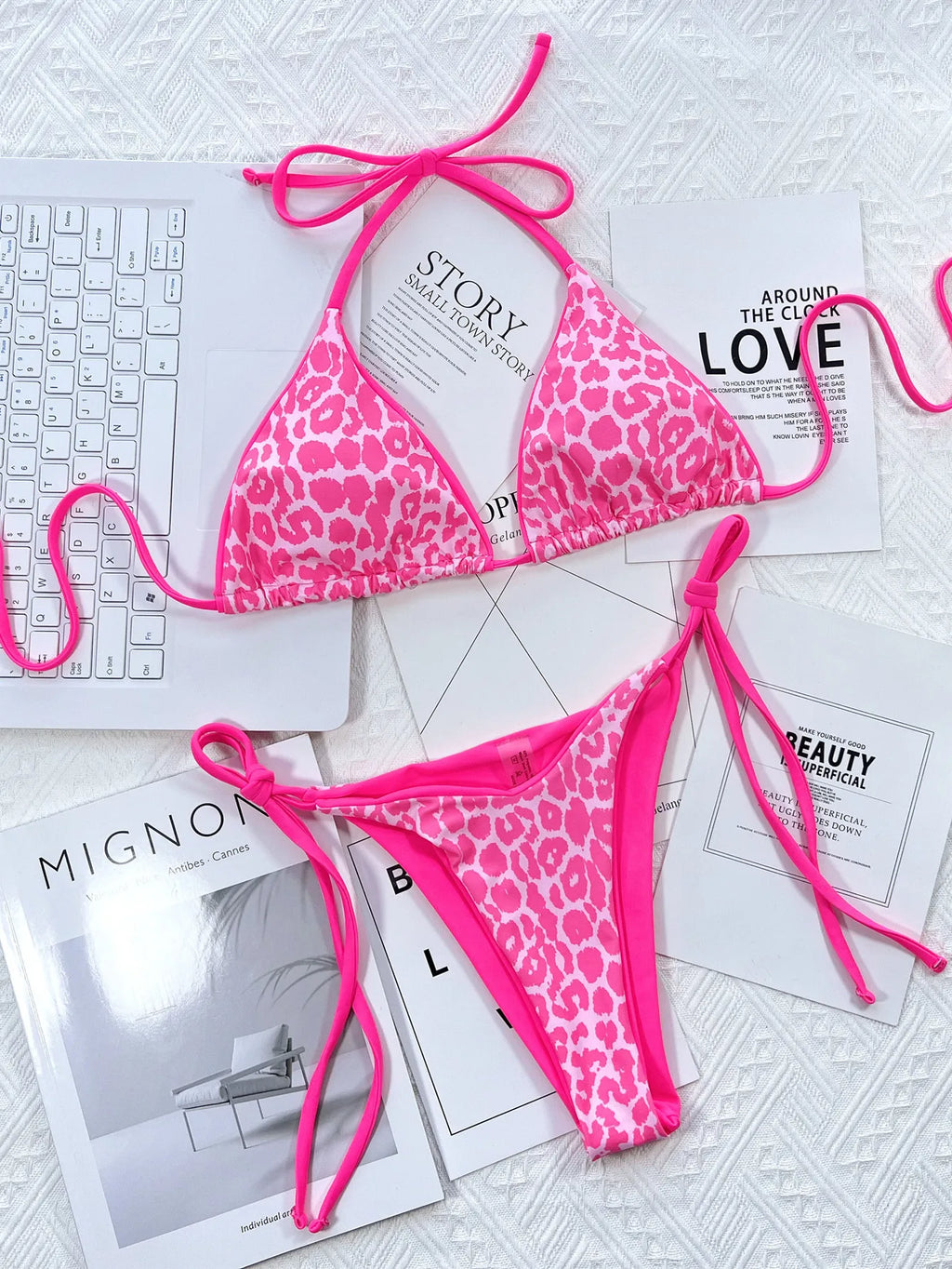 Sexy Mirco Bikini 2024 Women Neon Hot Pink Patchwork Triangle Swimsuit Beach Brazilian Bathing Suit Tie Side Thong Swimwear