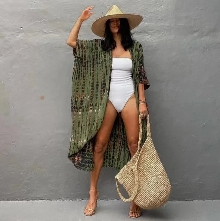 2024 New Summer Sexy Beach Kimono Swimwear Cotton Cover Up Swimsuit Women Print Bikini Cover Up Beachwear Dress Robe