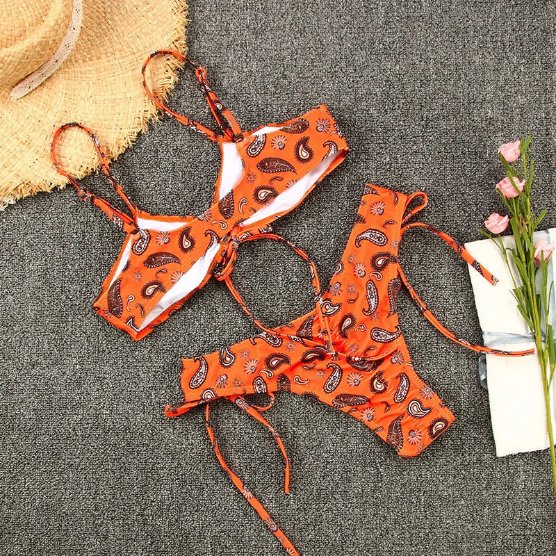 2026 New Sexy Low Bikini Set Swimwear Women Print Floral Brazilian Halter Backless Swimsuit Strappy Beachwear Dot biquini female