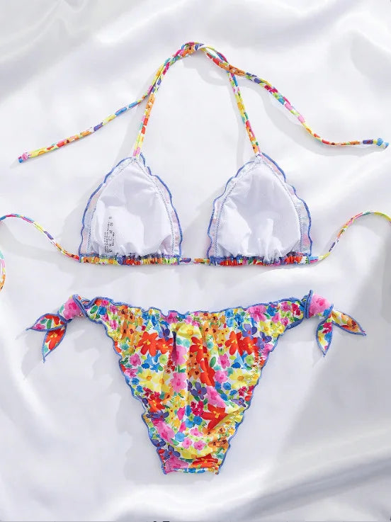 Cute Orange Floral Print Bikini Set Women Halter Ruffles Push Up Tie Side Thong Swimsuit 2026 Summer Bathing Suit Micro Swimwear