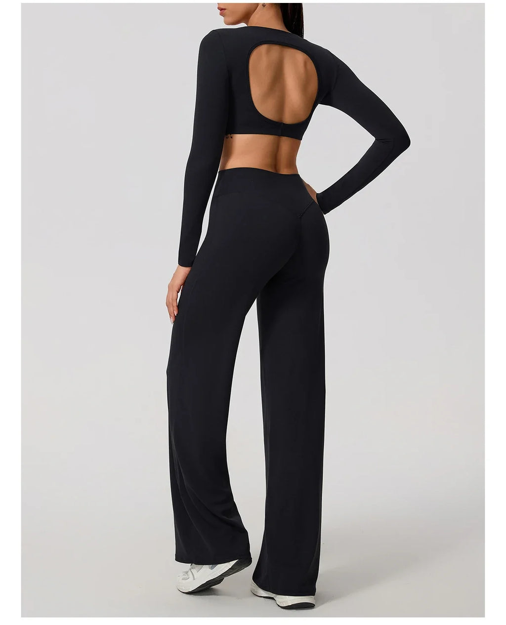 Hearuisavy Sports Set 2Pcs Women's  Long Sleeve Backless Fitted Fitness Top Push Up Pilates Yoga Top Wide Leg Straight Leg Pants