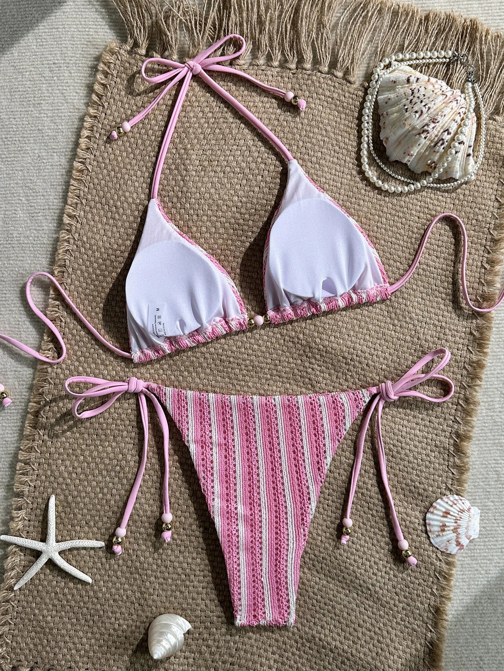 Sexy Pink Striped Micro Bikini Women 2026 Halter Push Up Bra Tie Side Thong Swimsuit Brazilian Beach Bathing Suit Swimwear