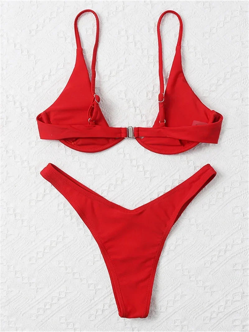 Sexy Underwire Bikini 2026 Mujer Women Solid Red Push Up Bra Thong Swimsuit Haler V Neck Bathing Suit Mini Micro Thong Swimwear