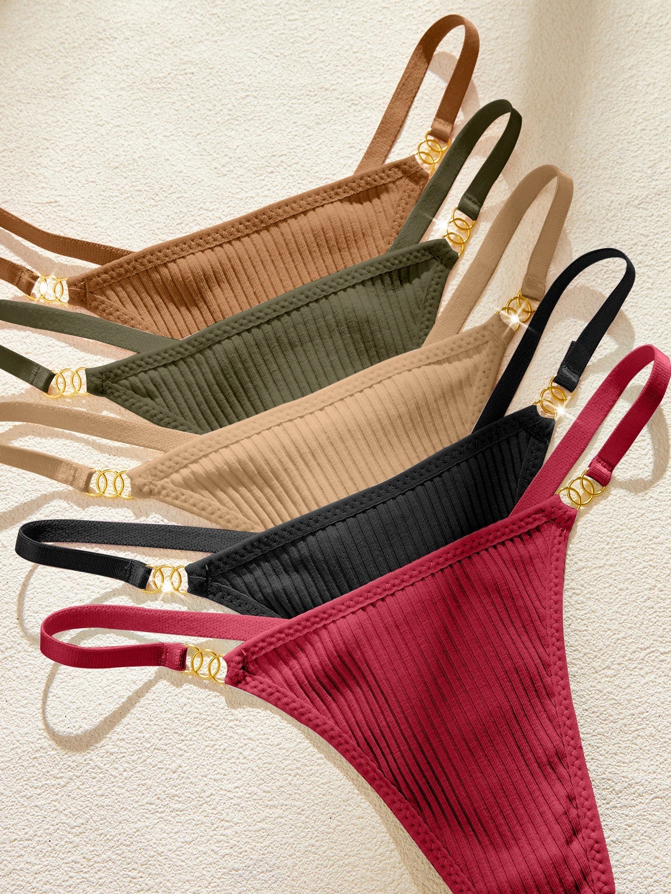5Pcs/Set Sexy Women Panties Solid Ribbed G‑String Thong Metal Ring Soft Female Sexy Lingerie Underwear