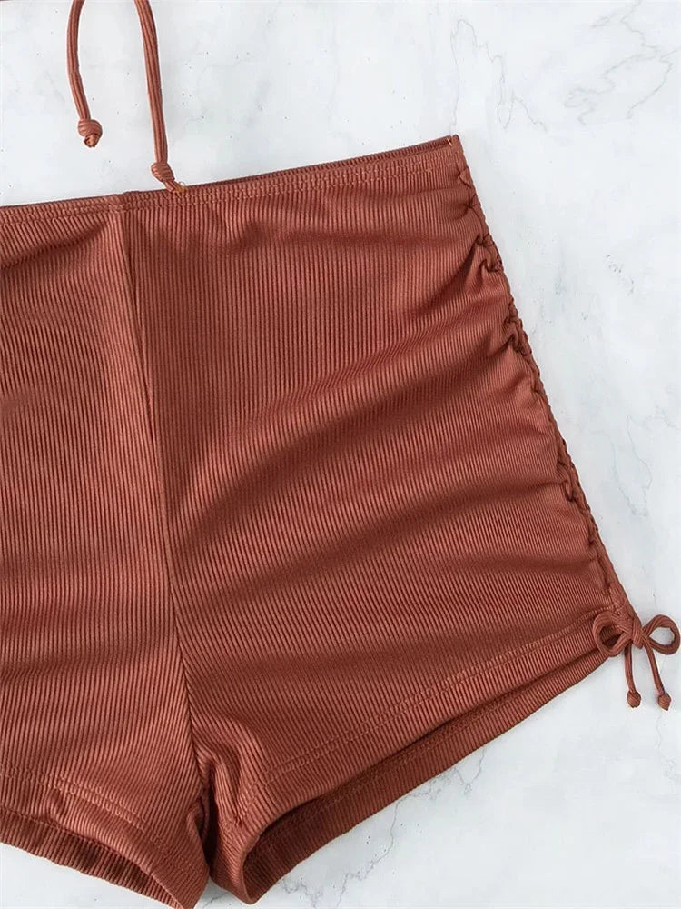 Sexy Ring Linked Pleate Bikini Set Women Brown Cut Out Push Up Two Piece Swimsuit 2024 Bathing Suit High Waist Panties Swimwear