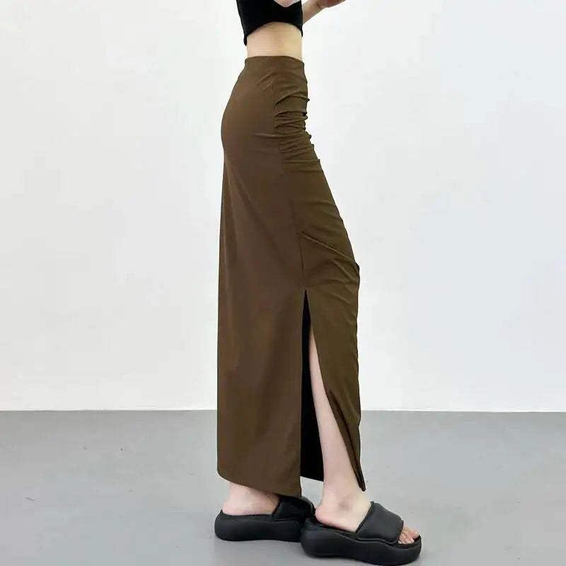 2026 New Pleated Side High Slit Half Length Skirt Women's Summer Spicy Girl Pure Desire Slim Wrap Hip Solid A-line Skirt 7MHN
