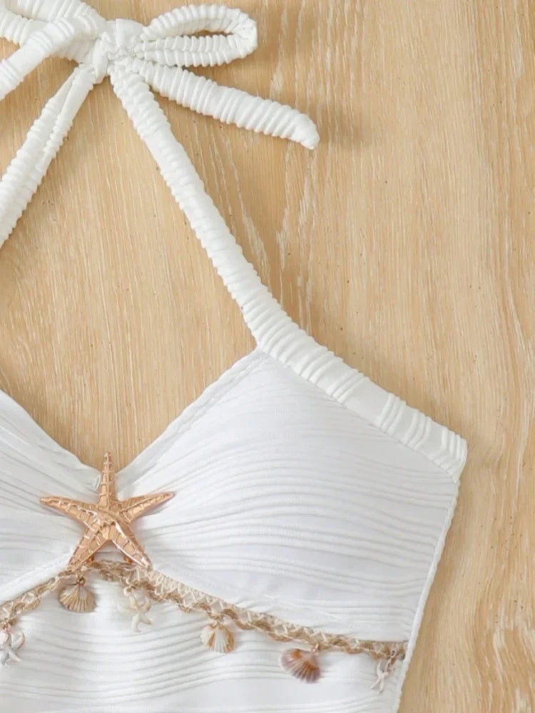Vintage White One Piece Swimsuit 2026 Women Shell Starfish Ornament Pleate Tummy Control Swimwear Beach Holiday Bathing Suit