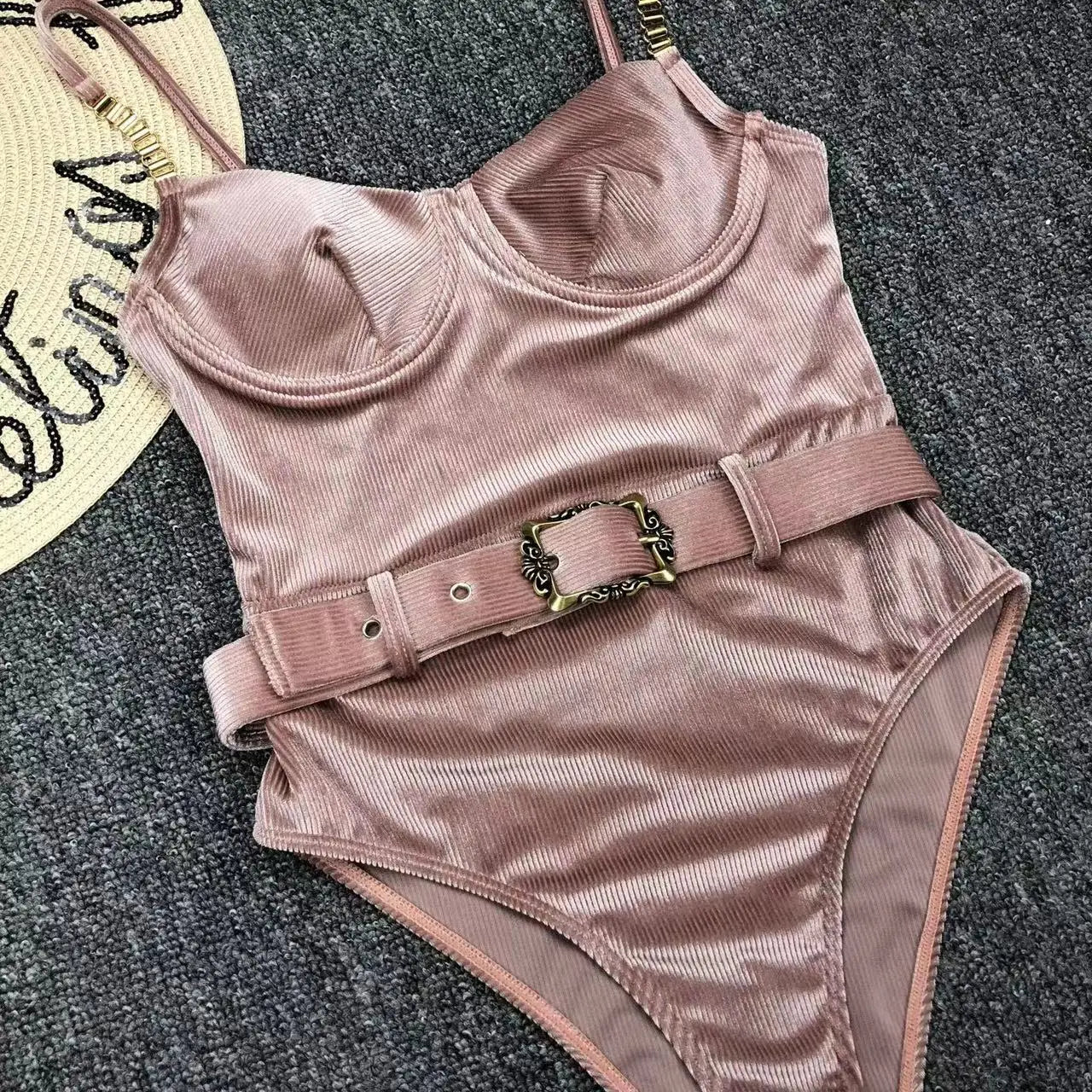 2024 New Sexy Velvet One-Piece Black Bikini Belt Swimsuit Women Solid Push Up Swimwear Female Brazilian Beach Bathing Suit