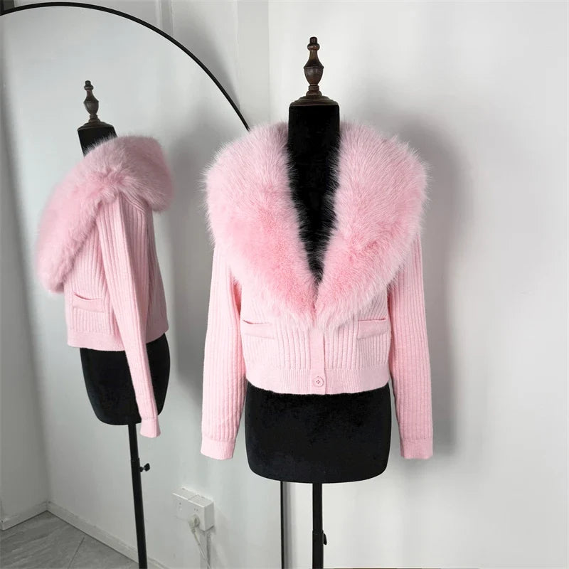 Trendix Black Knit Cardigan For Women Winter Detachable Faux Fur Collar Short Tops Street Slim Party Elegant Outerwear Top Femme