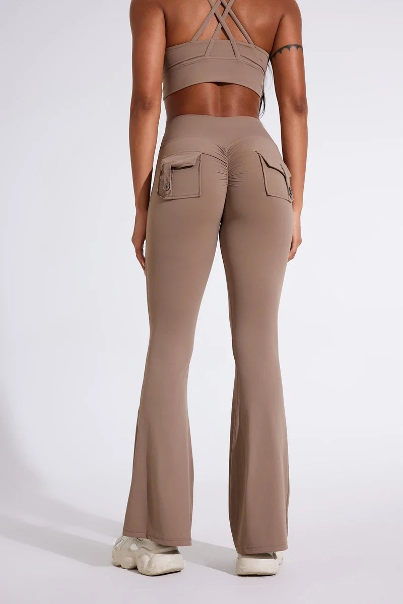 DIAS FIT JOY Women's pocket bell bottoms yoga high waisted hip lifting fitness pants quick drying running exercise fitness gym