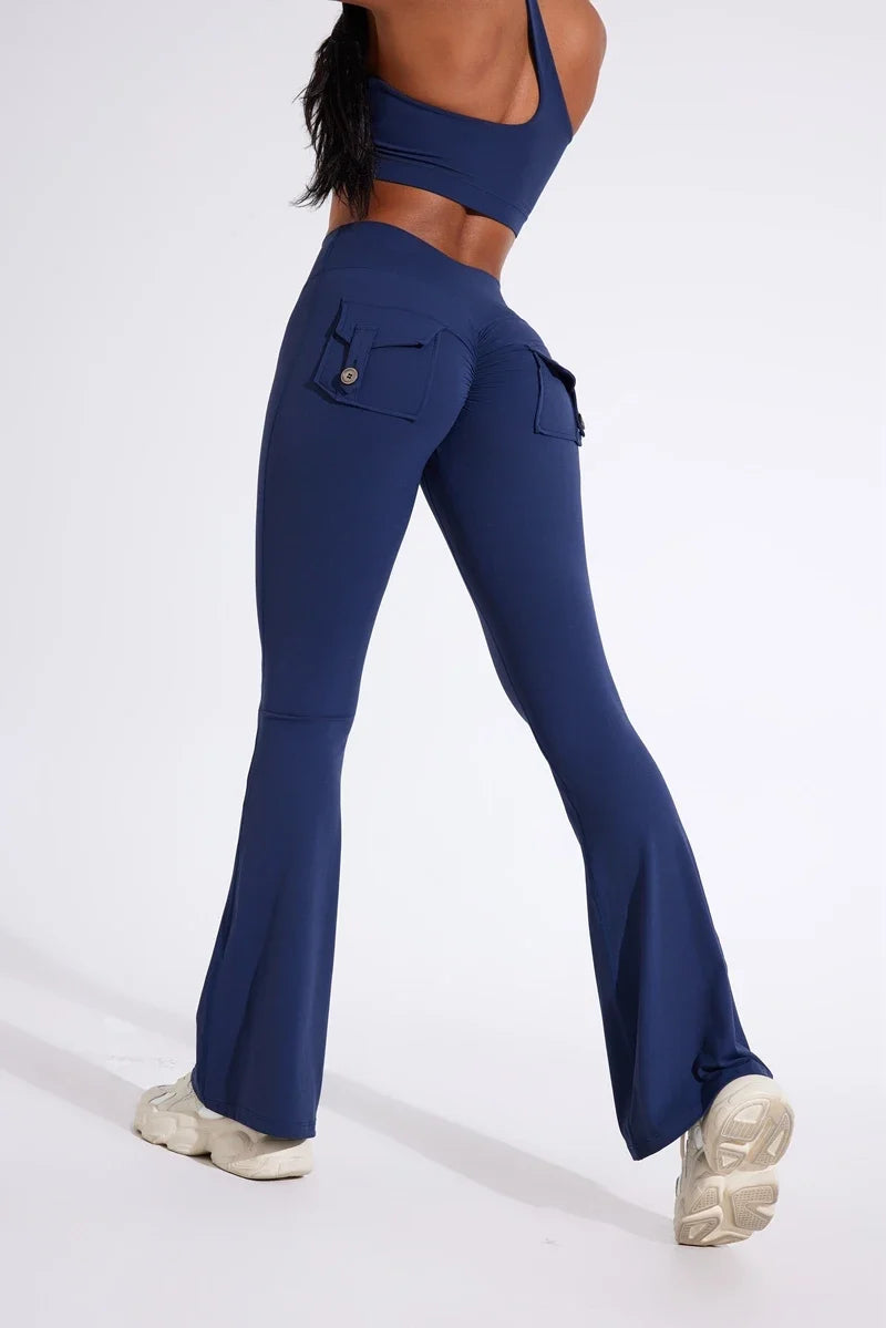 DIAS FIT JOY Women's pocket bell bottoms yoga high waisted hip lifting fitness pants quick drying running exercise fitness gym