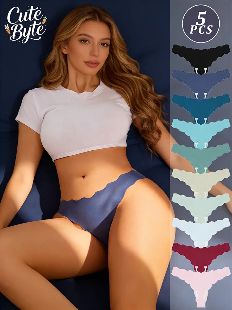 5Pcs Seamless Full-Body Fan-Shaped Wave Decorative Briefs Sexy Thongs Comfortable Breathable Stretch Underwear Women's Lingerie